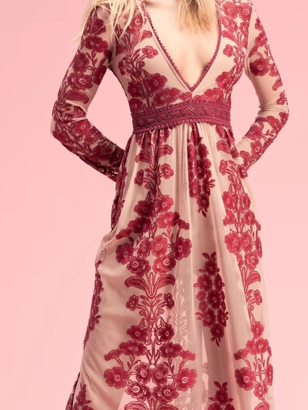 Free People Blush Mesh Maxi Dress with Wine Floral Embroidery
